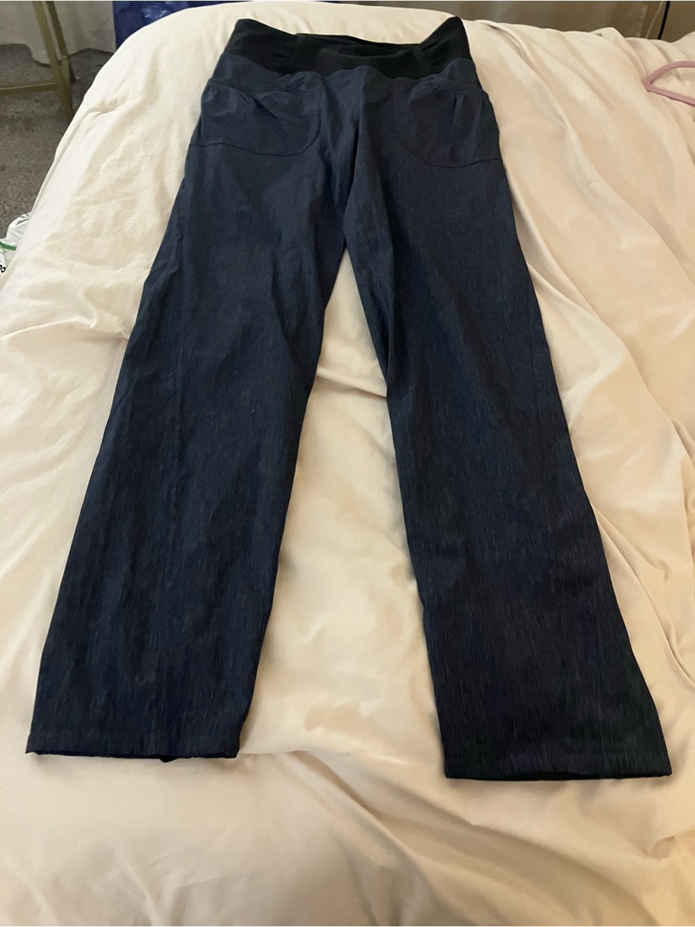 prAna Women's Medium Regular Blue Space Dye Pants Black Elastic Waist pockets M
